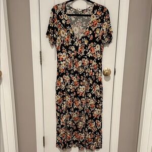Floral V-Neck Black Dress